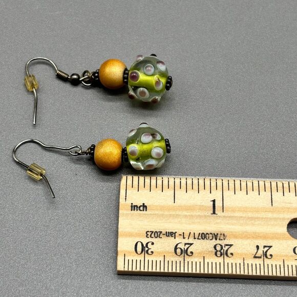 Lampwork Art Glass Earrings Yellow Green Purple Polka Dot Handmade Dangle Drop - Picture 5 of 7